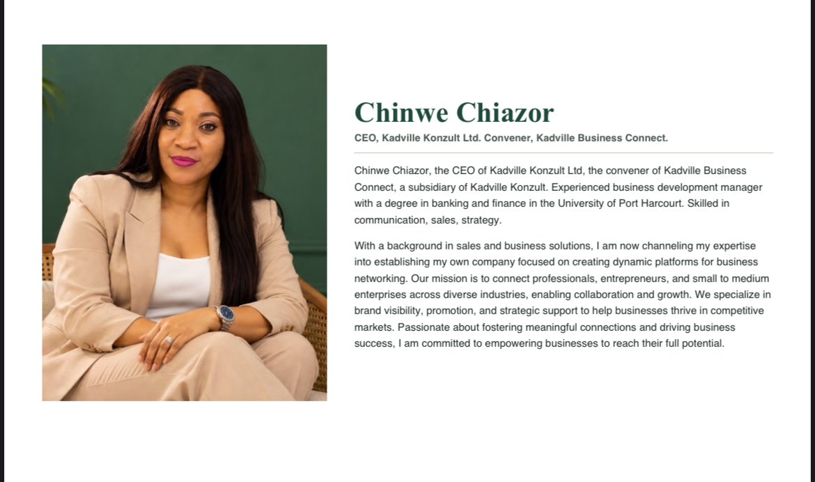 Chinwe Chiazor, CEO of Kadville Konzult Ltd. and Convener of Kadville Business Connect