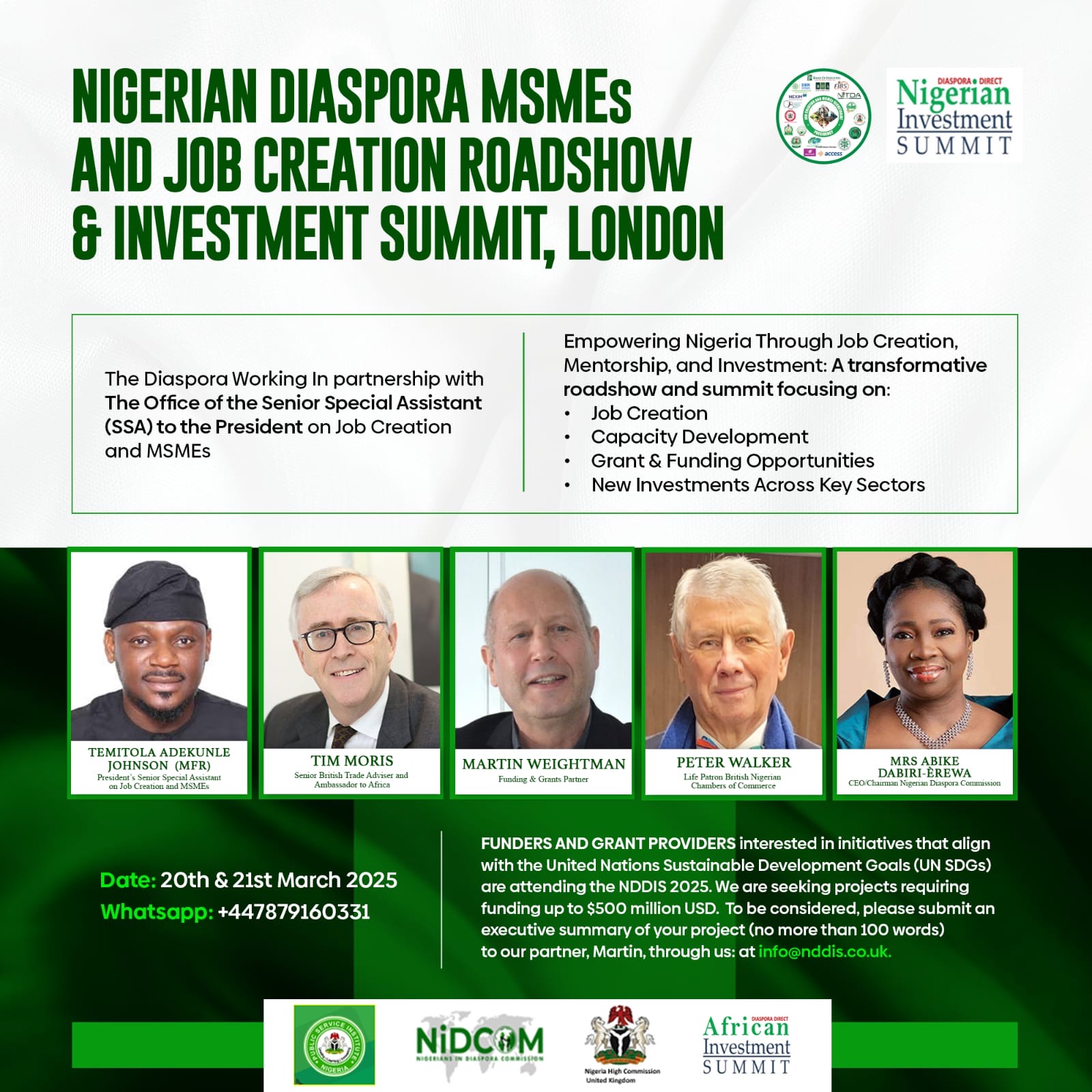 Programme flyer for the Nigerian Diaspora MSMEs and Job Creation Roadshow & Investment Summit, London
